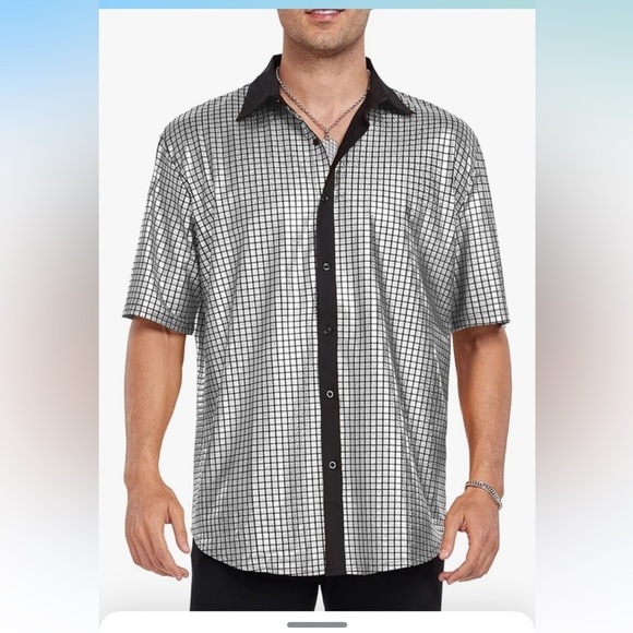 Other - NWT Mens 70s Disco Shirt Short Sleeve Button Down Sequin 70's Costume Shirt